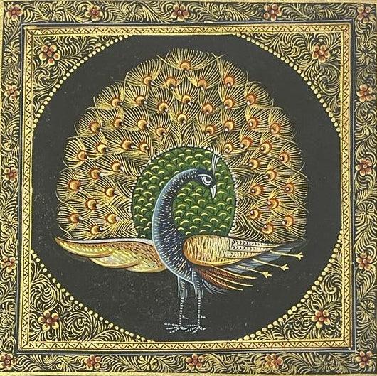 Animals mughal traditional art titled 'Peacocks', 7x7 inches, by artist Unknown on Cloth