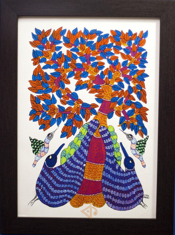 Folk Art gond traditional art titled 'Peacocks Gond Art 2', 15x10 inches, by artist Kalavithi Art Ventures on Canvas