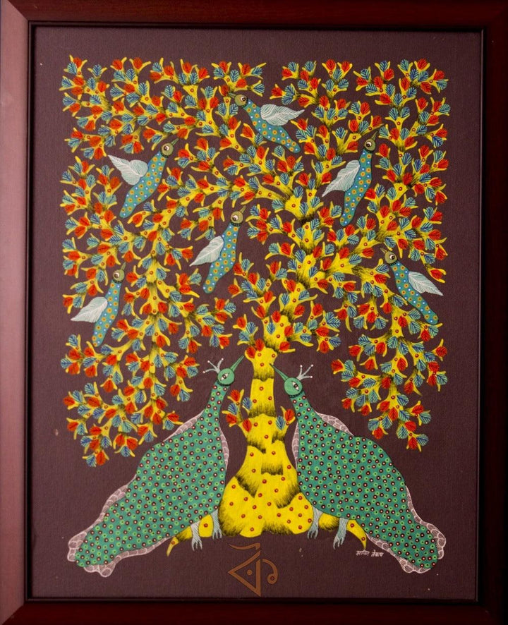 Folk Art gond traditional art titled 'Peacocks Gond Art', 35x27 inches, by artist Kalavithi Art Ventures on Canvas