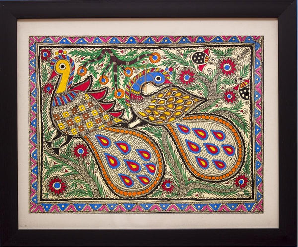 Folk Art madhubani traditional art titled 'Peacocks Madhubani Painting', 16x13 inches, by artist Kalaviti Arts on Cloth