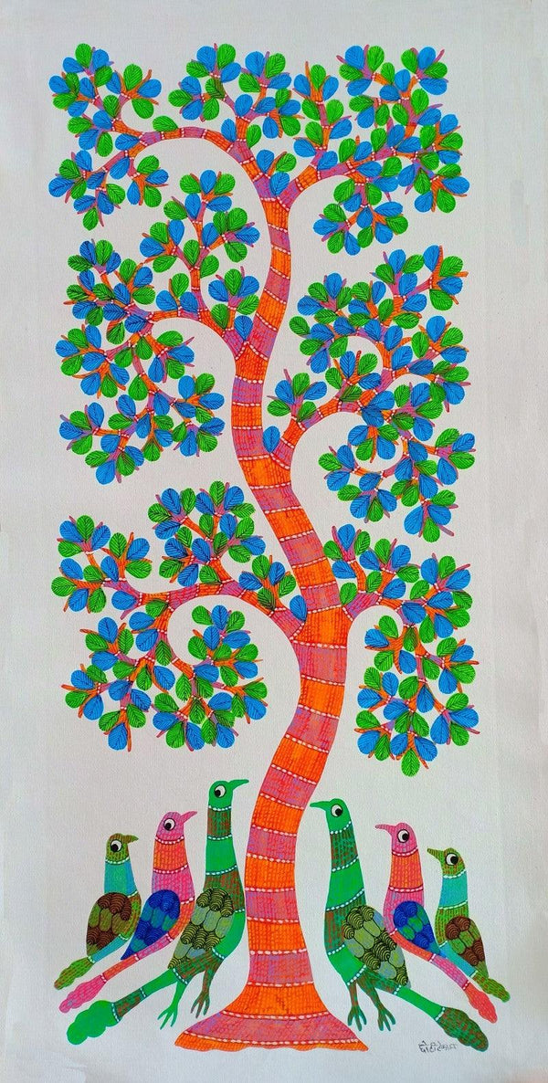 Animals gond traditional art titled 'Peacocks Under The Tree', 34x15 inches, by artist Choti Gond Artist on Canvas