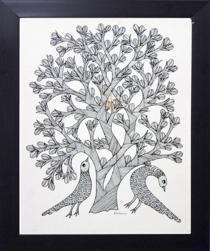 Folk Art gond traditional art titled 'Peacocks under tree monochrome', 15x10 inches, by artist Kalavithi Art Ventures on Canvas