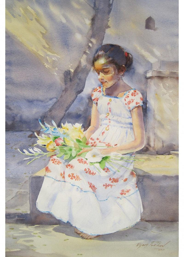 Figurative watercolor painting titled 'Pearl In Gold', 21x14 inches, by artist Vijay Jadhav on Paper