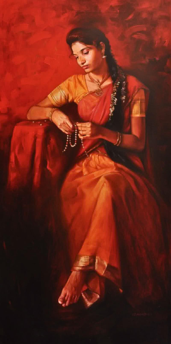 Figurative acrylic painting titled 'Pearl In Heart', 60x30 inches, by artist Pramod Jagtap on Canvas