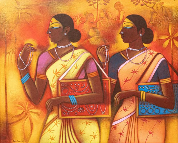 Figurative acrylic painting titled 'Pearls And Beads Seller', 38x44 inches, by artist Balaji Ubale on Canvas