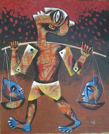 Figurative acrylic painting titled 'Peddler', 30x25 inches, by artist Ranjith Raghupathy on CardBoard