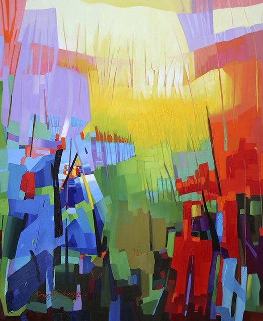 Abstract oil painting titled 'Petrichor 38', 60x48 inches, by artist Ganesh Doddamani on Canvas