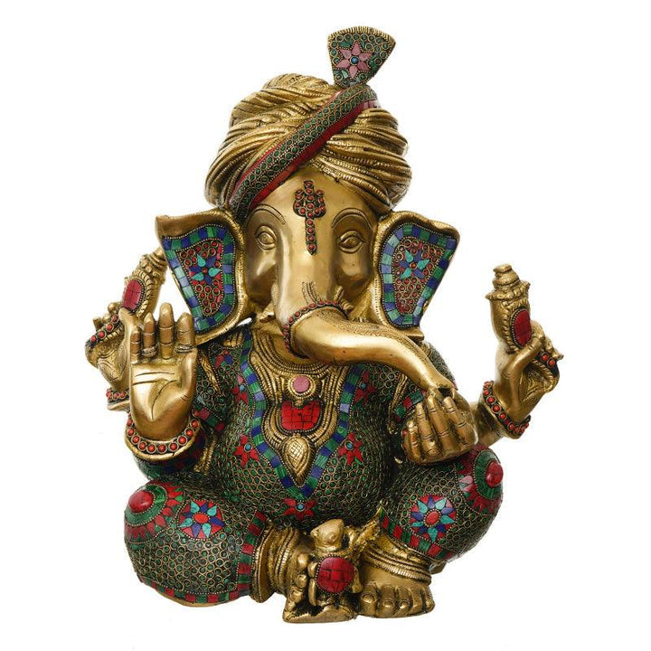 Religious handicraft titled 'Phagdi Lord Ganesha', 15x10x12 inches, by artist Brass Handicrafts on Brass