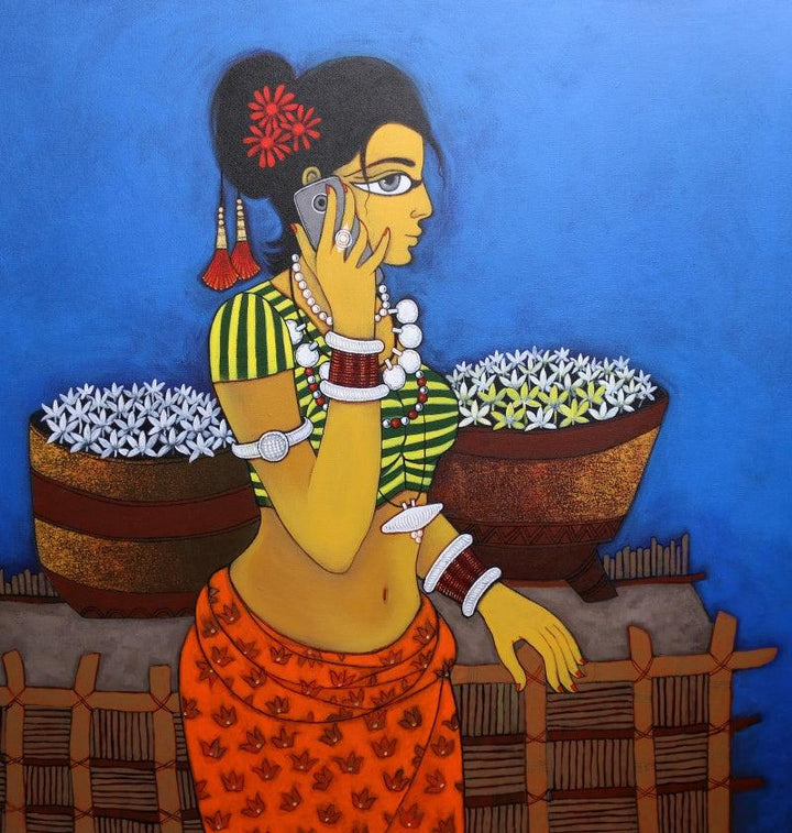 Figurative acrylic painting titled 'Phone Pe Charcha', 36x36 inches, by artist GAJRAJ  CHAVAN on Canvas