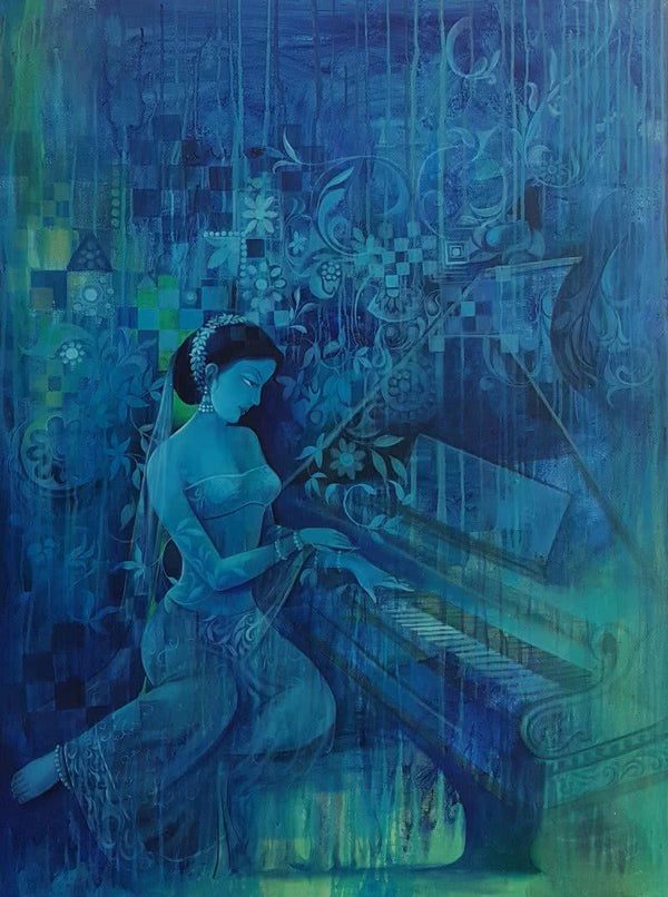 Fantasy oil painting titled 'Pianist', 36x48 inches, by artist Durshit Bhaskar on Canvas