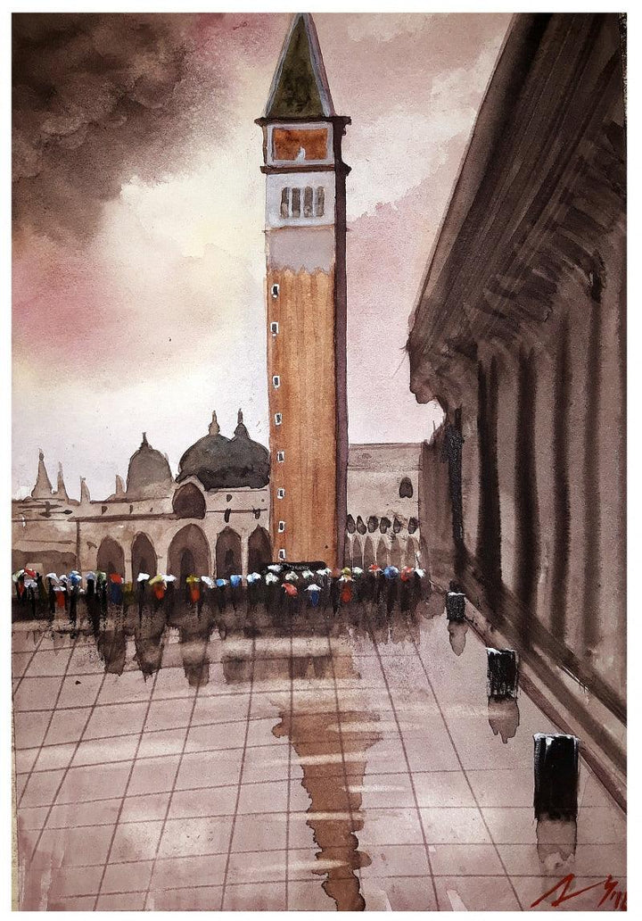 Cityscape watercolor painting titled 'Piazza San Marco Venice Italy', 11x7 inches, by artist Arunava Ray on Paper