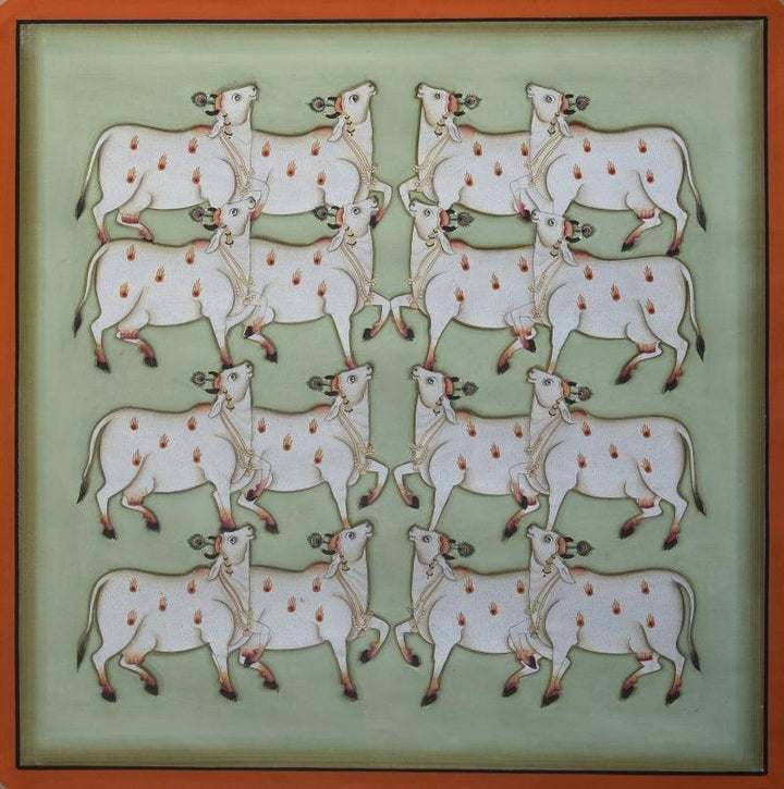 Animals pichwai traditional art titled 'Pichwai 10', 12x12 inches, by artist Pichwai Art on Cotton Cloth