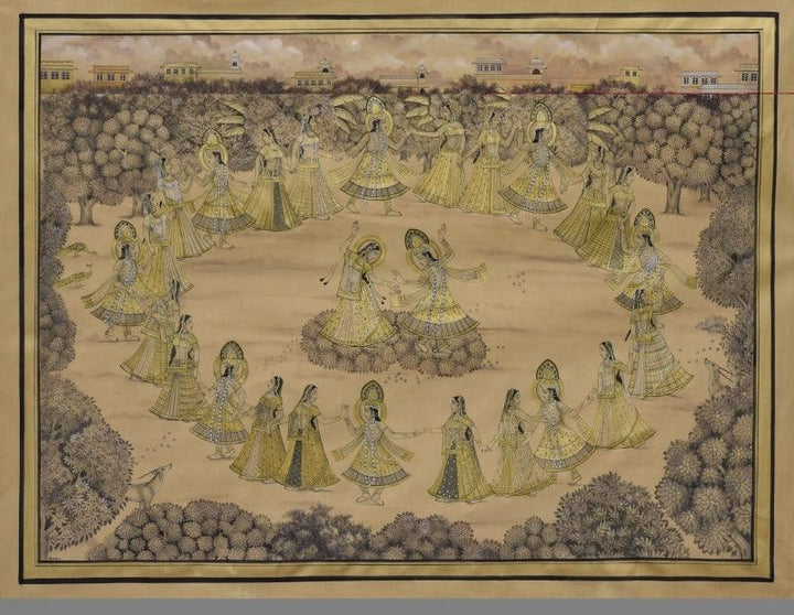 Religious pichwai traditional art titled 'Pichwai 11', 38x49 inches, by artist Pushkar Lohar on Cotton Cloth