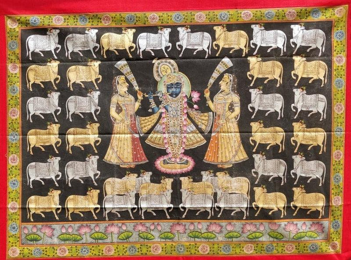 Religious pichwai traditional art titled 'Pichwai 14', 36x48 inches, by artist Pichwai Art on Cloth