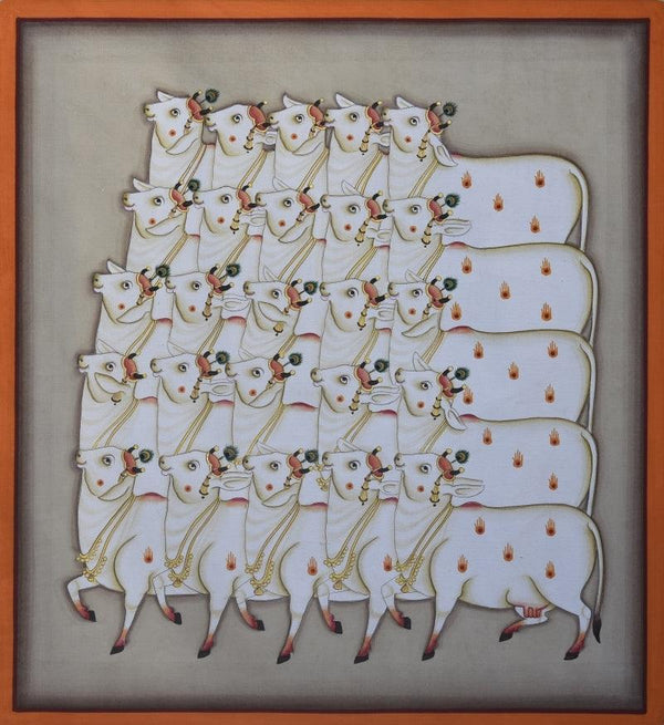 Animals pichwai traditional art titled 'Pichwai 15', 14x12 inches, by artist Pichwai Art on Cotton Cloth