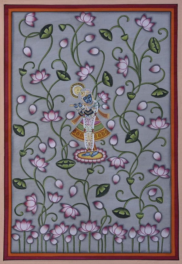 Religious pichwai traditional art titled 'Pichwai 2', 20x14 inches, by artist Pichwai Art on Cotton Cloth