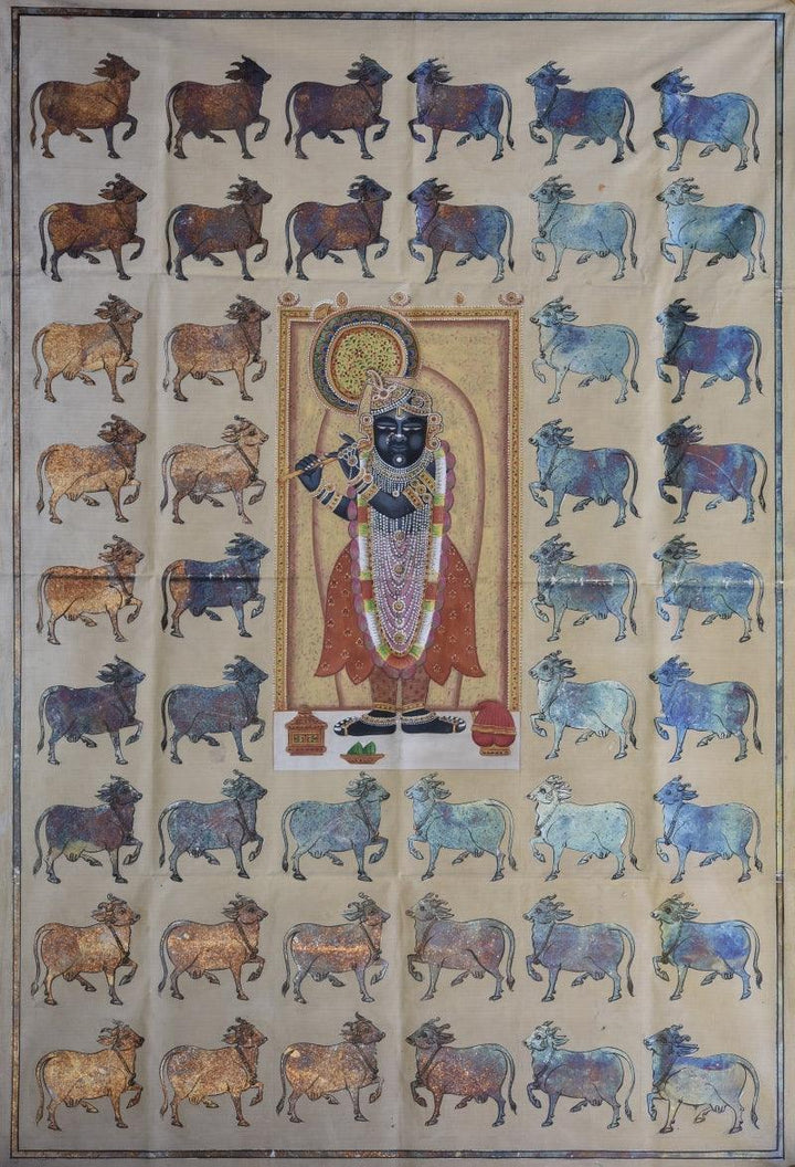 Religious pichwai traditional art titled 'Pichwai 28', 56x38 inches, by artist Pichwai Art on Cotton Cloth