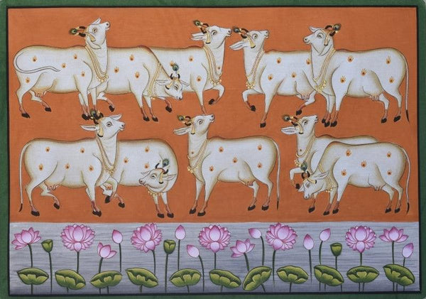 Animals pichwai traditional art titled 'Pichwai 3', 10x14 inches, by artist Pichwai Art on Cotton Cloth