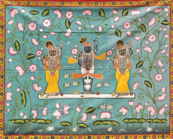 Religious pichwai traditional art titled 'Pichwai 32', 46x58 inches, by artist Pichwai Art on Cloth