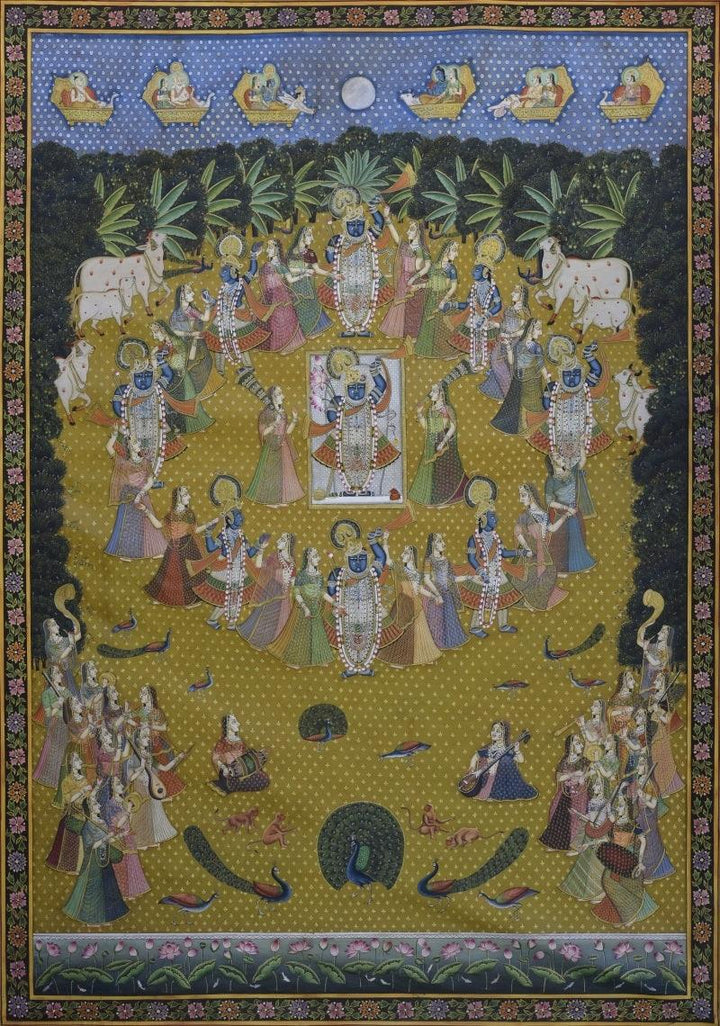 Religious pichwai traditional art titled 'Pichwai 38', 68x48 inches, by artist Pichwai Art on Cotton Cloth