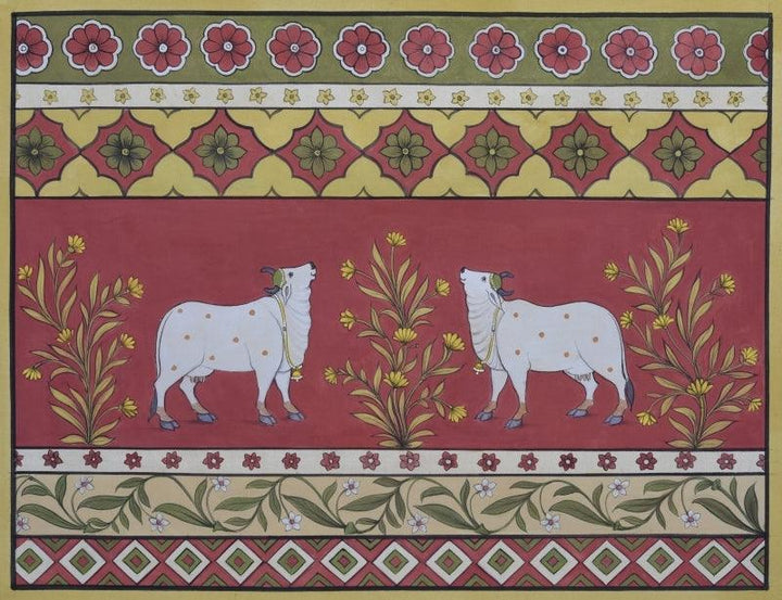 Animals pichwai traditional art titled 'Pichwai 9', 18x23 inches, by artist Pushkar Lohar on Cotton Cloth