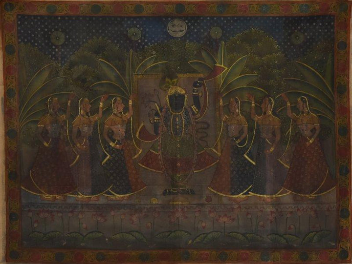 Folk Art tribal painting titled 'Pichwai Art with Gold Work', 47x36 inches, by artist Artisan on Cloth