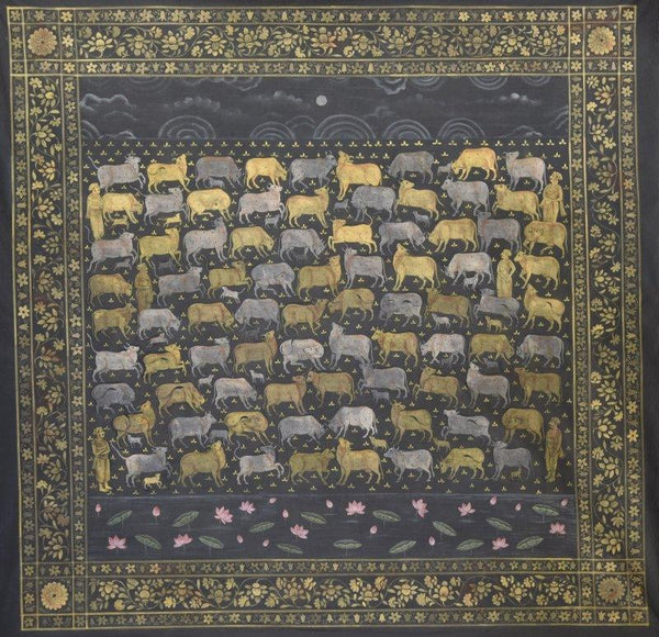 Religious mixed media painting titled 'Pichwai Cows', 42x41 inches, by artist Pushkar Lohar  Pichwai on Cloth