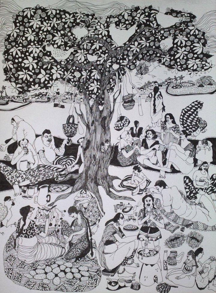 Figurative pen drawing titled 'Picnic', 16x12 inches, by artist Fatema Lodhger on Paper