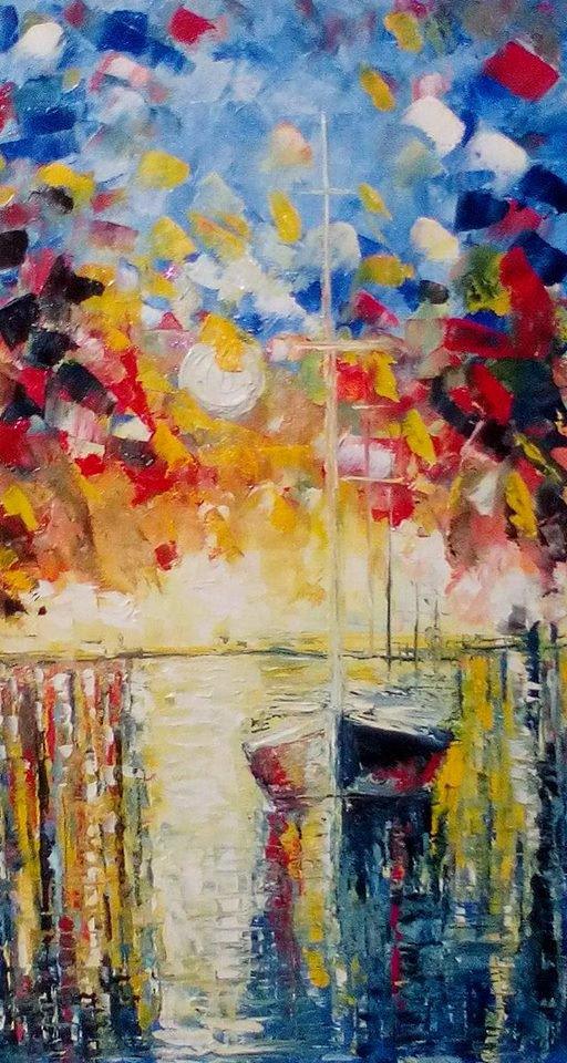 Impressionist oil painting titled 'Pier Regalia', 18x10 inches, by artist Kiran Bableshwar on Canvas