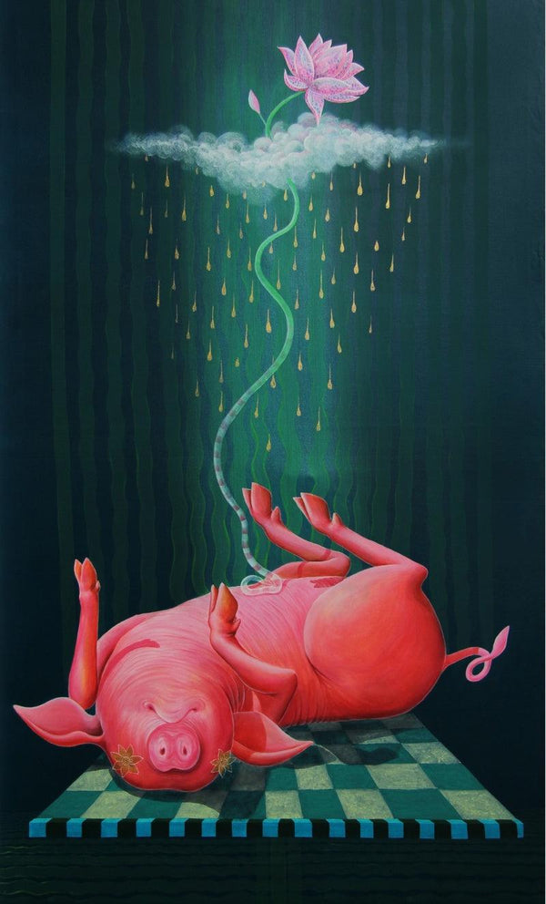 contemporary acrylic painting titled 'Pig 2', 36x60 inches, by artist Sanjay Kumar on Canvas