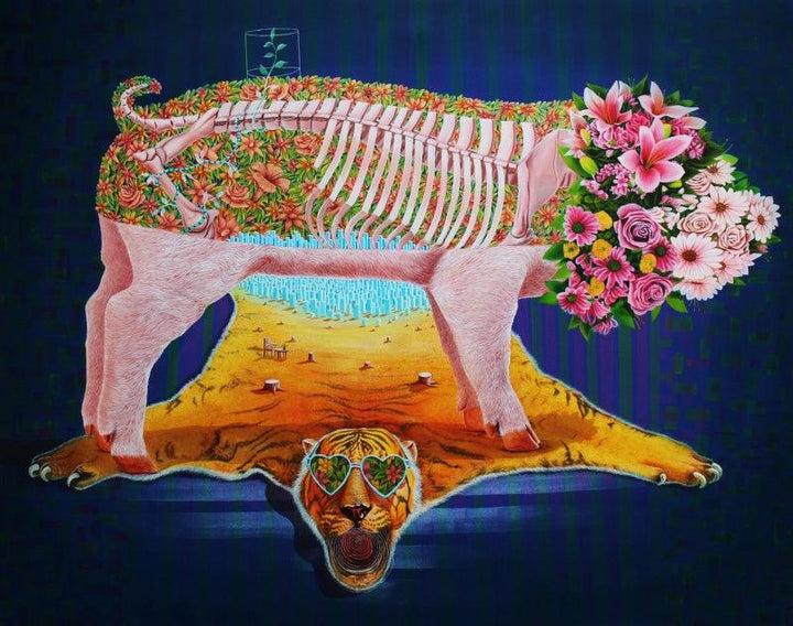 contemporary acrylic painting titled 'Pig 3', 48x60 inches, by artist Sanjay Kumar on Canvas