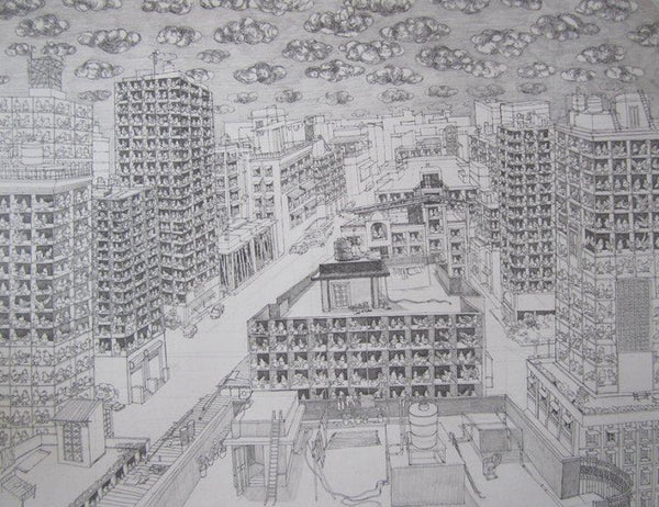 Cityscape pen ink drawing titled 'Pigeoned home II', 30x30 inches, by artist Mangesh  Kapse on Paper