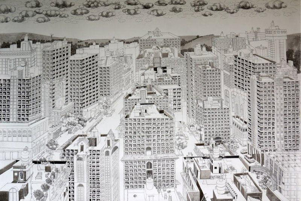 Cityscape pen ink drawing titled 'Pigeoned home III', 48x72 inches, by artist Mangesh  Kapse on Paper