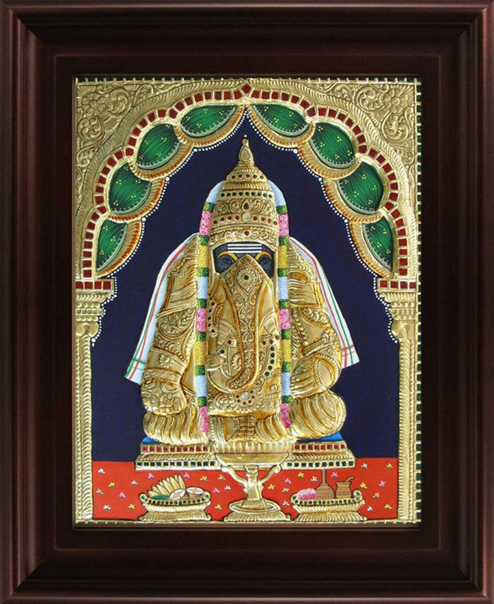 Religious tanjore traditional art titled 'Pillayarpatti Ganesha Tanjore Painting', 24x18 inches, by artist Myangadi Tanjore on Plywood