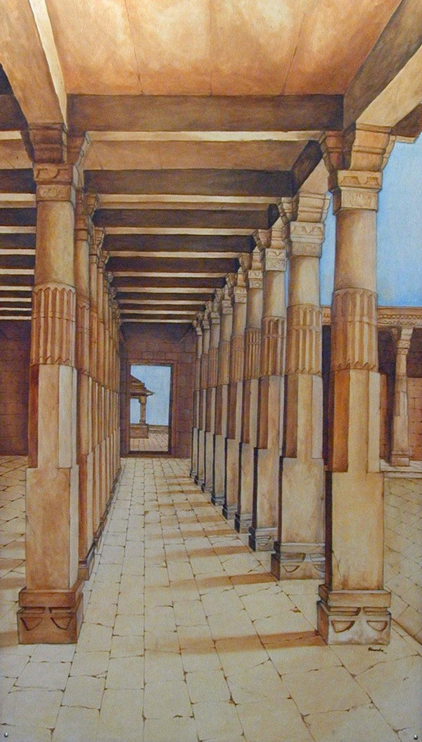 Cityscape oil painting titled 'Pillers From Mandavgarh', 98x48 inches, by artist Dhirendra Mandge on Canvas