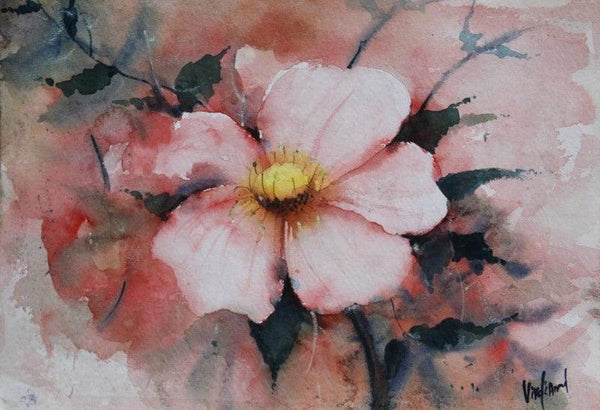 Abstract watercolor painting titled 'Pink Flower', 12x9 inches, by artist Vivekanand Viswam on Paper