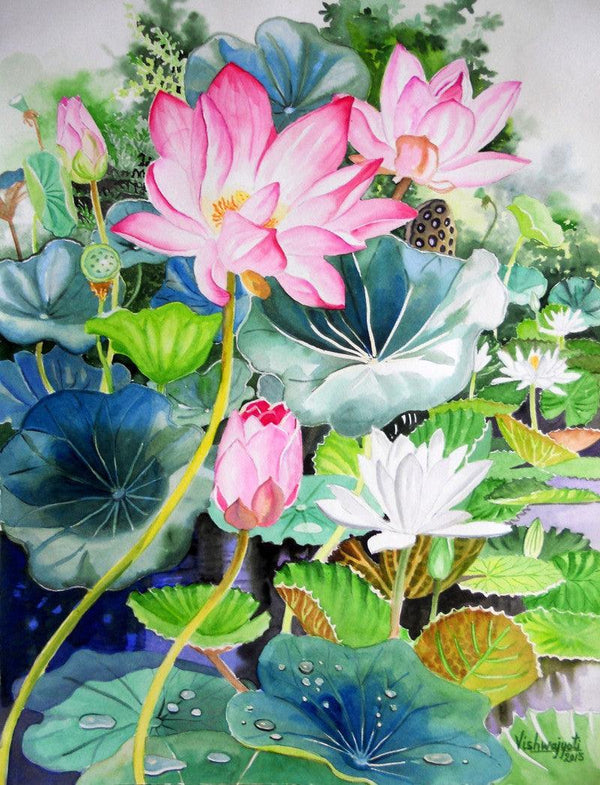 Photorealistic watercolor painting titled 'Pink Lotus And White Water Lilies 2', 24x18 inches, by artist Vishwajyoti Mohrhoff on Campap Paper