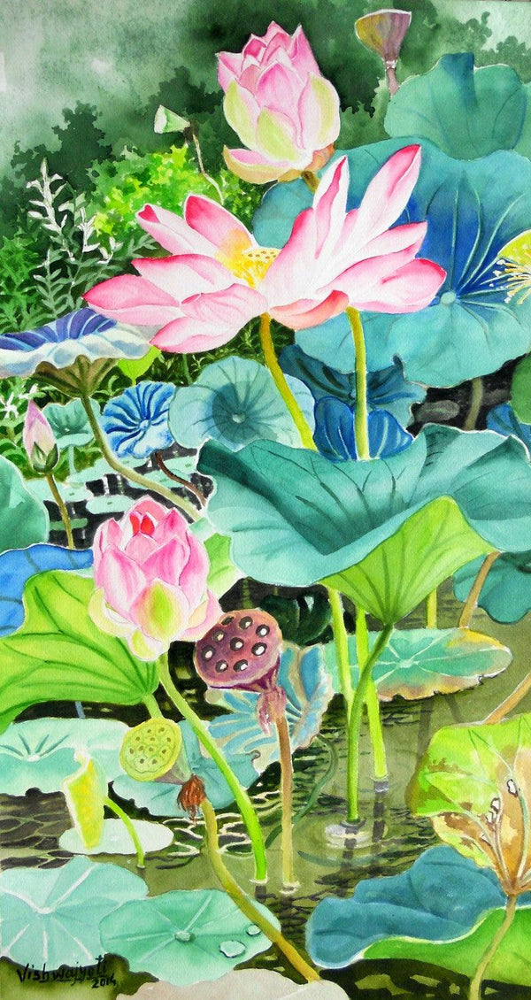 Photorealistic watercolor painting titled 'Pink Lotus Long', 24x13 inches, by artist Vishwajyoti Mohrhoff on Campap Paper