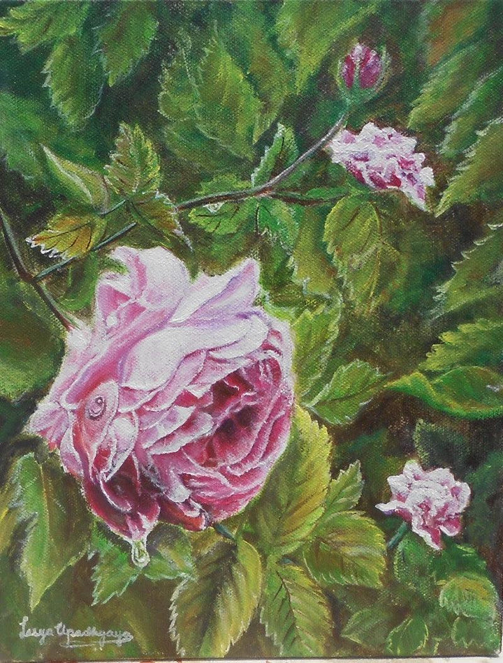 Nature acrylic painting titled 'Pink rose', 8x10 inches, by artist Lasya Upadhyaya on Canvas Board