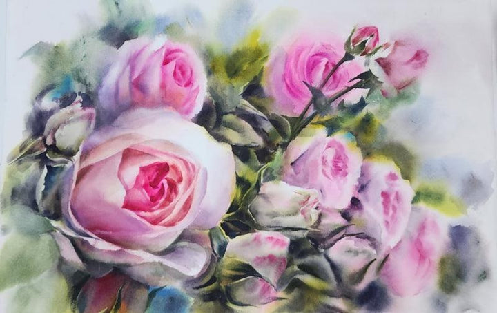 Nature watercolor painting titled 'Pink Roses', 15x22 inches, by artist Puja Kumar on Paper