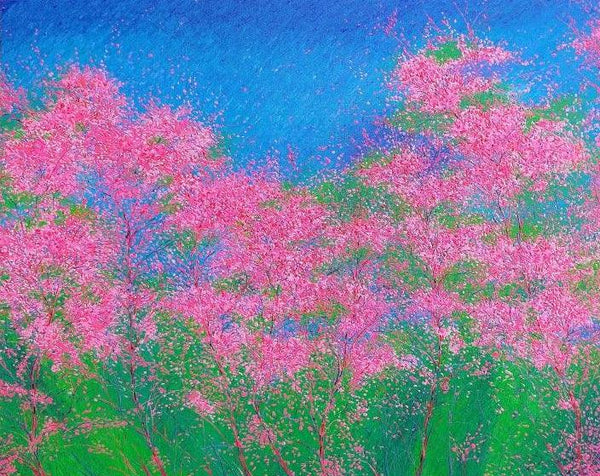 Nature oil painting titled 'Pink Showers', 24x30 inches, by artist Pardeep Singh on Canvas