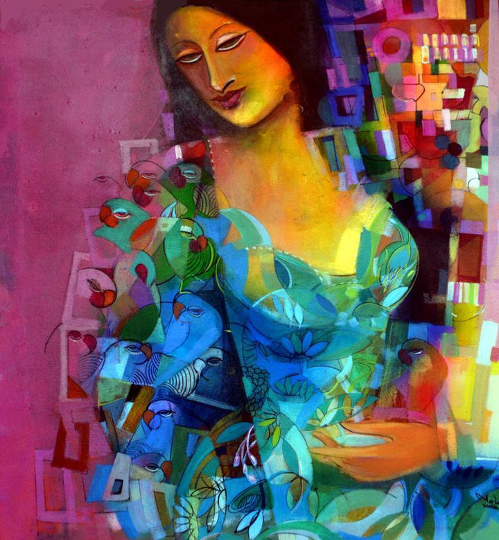 Figurative acrylic painting titled 'Pink Square', 34x32 inches, by artist Madan Lal on Canvas