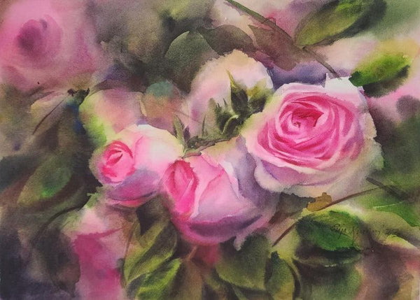 Nature watercolor painting titled 'Pinkroses', 11x15 inches, by artist Puja Kumar on Paper