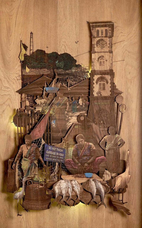 Cityscape sculpture titled 'Piscean Friends', 45x28x4 inches, by artist Shriram Mandale on Teak Wood