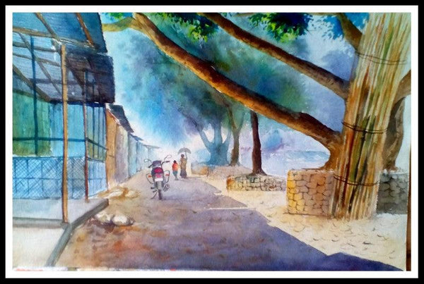 Landscape watercolor painting titled 'Plain Air', 15x28 inches, by artist Biki Das on Paper