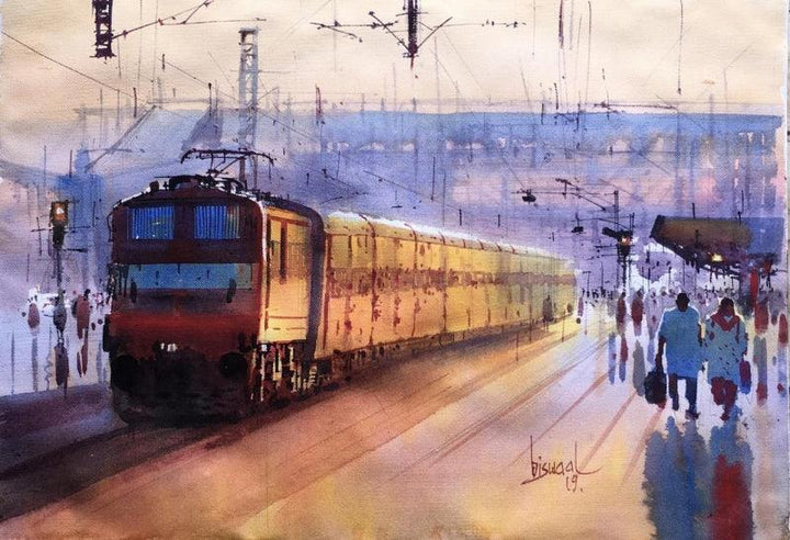 Cityscape watercolor painting titled 'Platform 21', 14x21 inches, by artist Bijay Biswaal on Paper