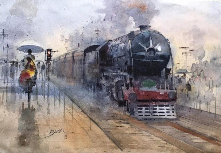 Cityscape watercolor painting titled 'Platform 22', 14x21 inches, by artist Bijay Biswaal on Paper