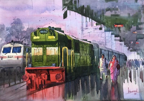 Cityscape watercolor painting titled 'Platform 23', 14x21 inches, by artist Bijay Biswaal on Paper