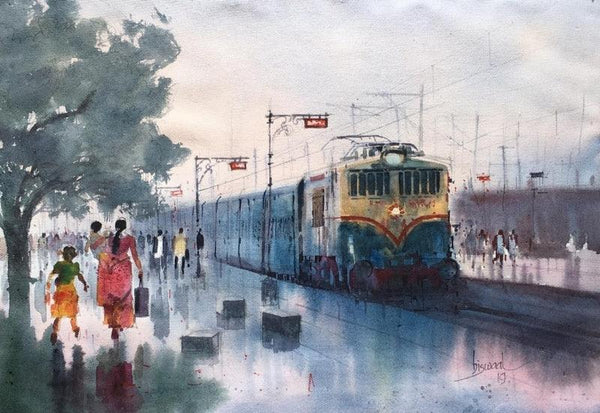 Cityscape watercolor painting titled 'Platform 24', 14x21 inches, by artist Bijay Biswaal on Paper