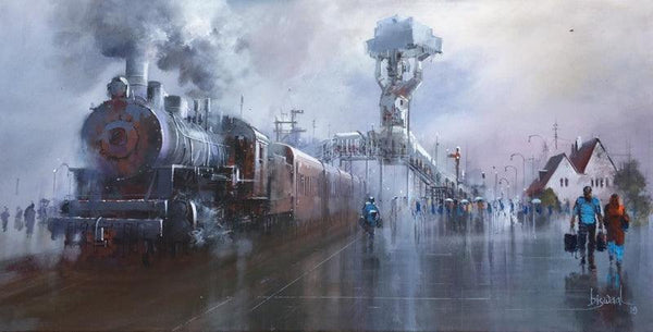 Cityscape acrylic painting titled 'Platform 3', 20x38 inches, by artist Bijay Biswaal on Canvas